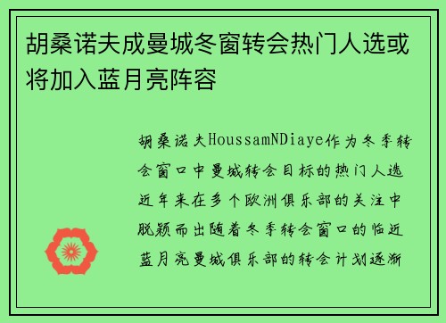 胡桑诺夫成曼城冬窗转会热门人选或将加入蓝月亮阵容