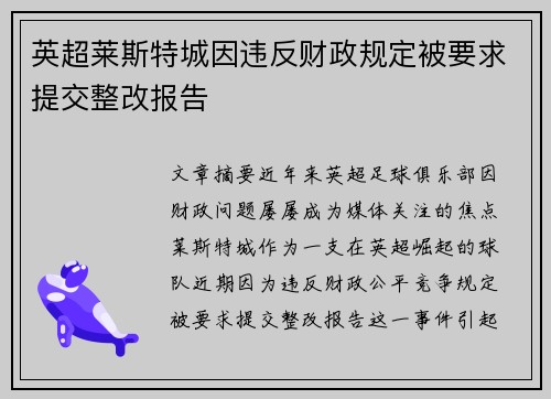 英超莱斯特城因违反财政规定被要求提交整改报告 英超莱斯特城因违反财政规定被要求提交整改报告